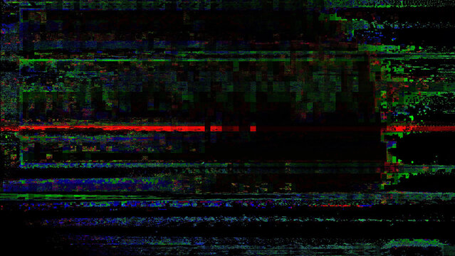 Abstract digital glitch texture on a black background, with distorted neon blue, cyan, green, and purple scan lines, creating a futuristic cyber error effect.
