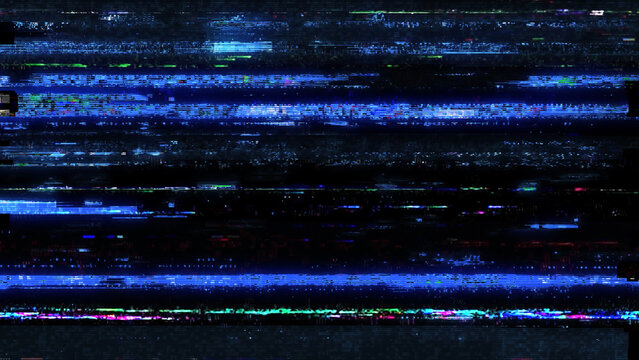 Abstract digital glitch texture on a black background, with distorted neon blue, cyan, green, and purple scan lines, creating a futuristic cyber error effect.