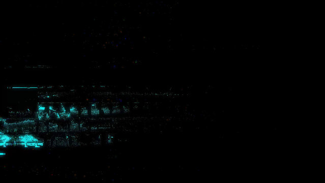 Abstract digital glitch texture on a black background, with distorted neon blue, cyan, green, and purple scan lines, creating a futuristic cyber error effect.