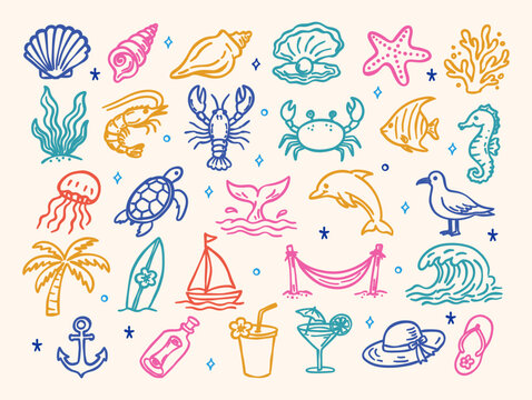 Hand drawn summer beach nautical doodle elements and cute sea animal icons set. Minimalist colorful line art vector illustration for tropical vacation design