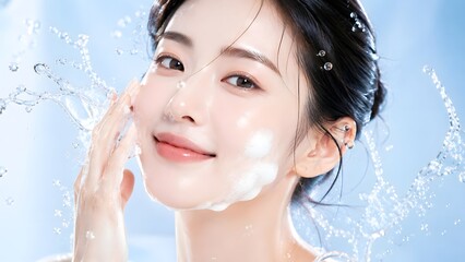 Naklejka premium Smiling Asian woman applying cleansing micro foam on her face with fresh water splash