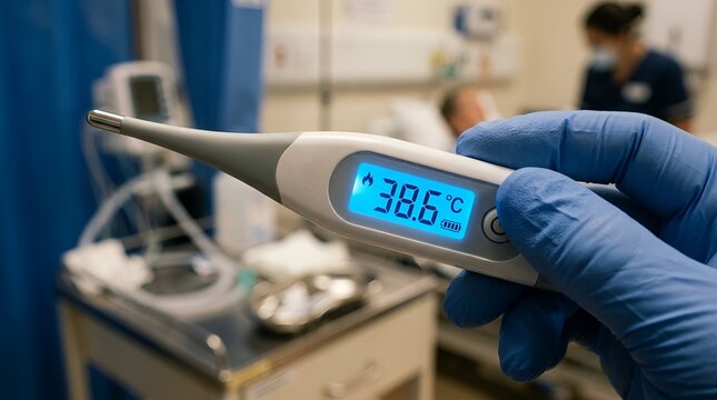 Close-up of hand in blue glove holding digital thermometer showing 38.6&deg;C in hospital ward