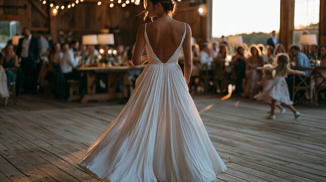 Rustic barn reception in full swing with guests at long communal tables, a grazing board of cheeses and fruit running the table center, children spinning on the dance floor, warm