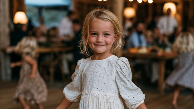 Rustic barn reception in full swing with guests at long communal tables, a grazing board of cheeses and fruit running the table center, children spinning on the dance floor, warm