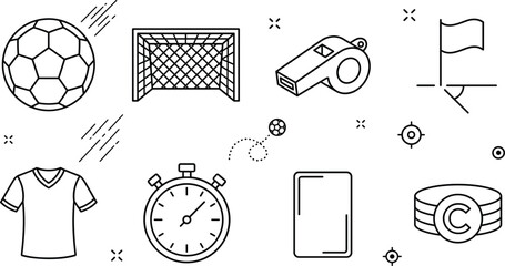 Soccer football line icon set vector elements featuring ball goal whistle corner flag jersey stopwatch card and armband © MdShakib