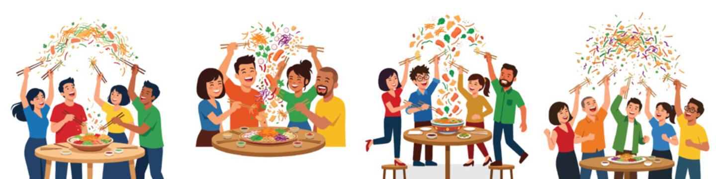 A minimalist flat design of friends using chopsticks to toss a Yee Sang salad high in the air. Clear happy facial features, no outlines, energetic yet clean vector illustration, white background.