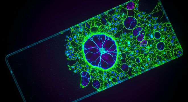 Abstract microscopic cell network, blue and green fluorescence patterns on dark background