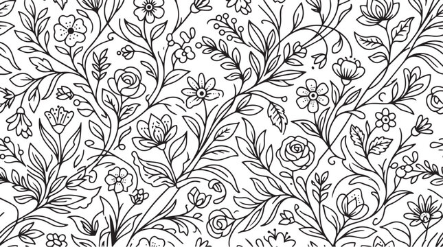 Seamless Black and White Garden Floral Pattern with Elegant Line Art Wildflower Vines
