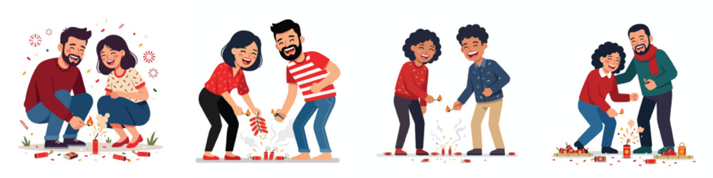 A flat design illustration of a man and a woman laughing while lighting small firecrackers. Clear joyful facial features, minimalist style, no outlines, white background.