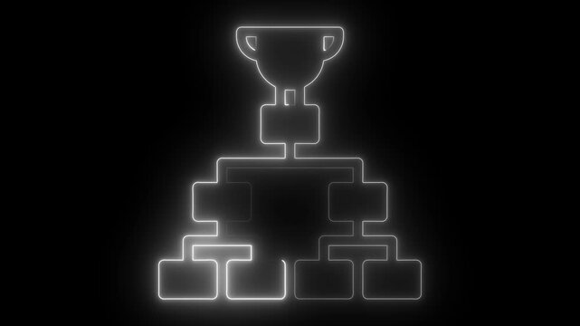 Neon tournament bracket with winner trophy animated sports competition chart, glowing digital championship tree for esports and gaming events