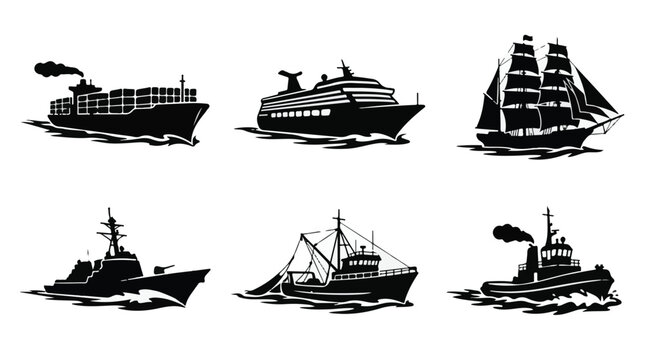 Sailing ship silhouette at sea with rigging and masts against minimalist background
