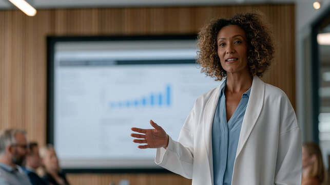 quality measure dashboard analyst presenting HEDIS performance metrics to a clinical quality committee in a conference room, projected scorecard showing care gap closure rates,