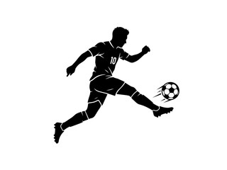 Fototapeta premium Soccer player kicking black and white ball silhouette isolated on transparent background, Vector