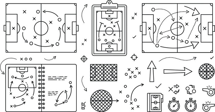 Soccer football tactics line icon set vector elements featuring pitch field coach clipboard playbook formation and stopwatch