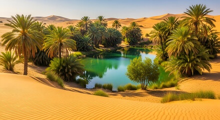 Fototapeta premium Desert Oasis: Palm Trees, Turquoise Water, Sandy Dunes, Lush Vegetation
