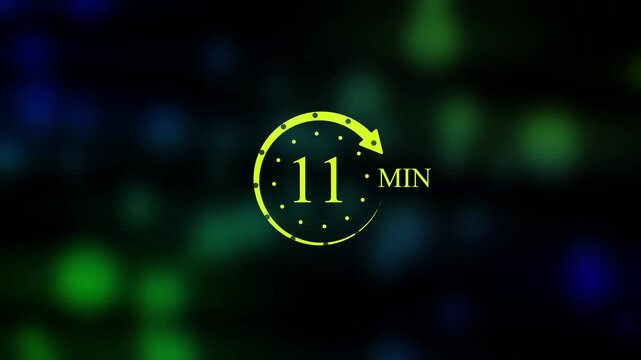 11 Min Neon Timer Clock Animation, Circular Progress Bar Countdown with Arrow Loop, Glowing Green Time Interval Indicator on Dark Blurred Bokeh Lights Background Graphic, 4k Video.