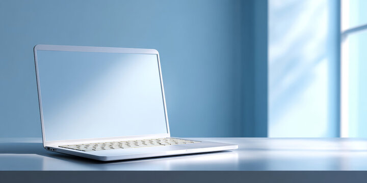 Modern silver laptop computer with blank screen on white desk in bright room with blue walls and window light