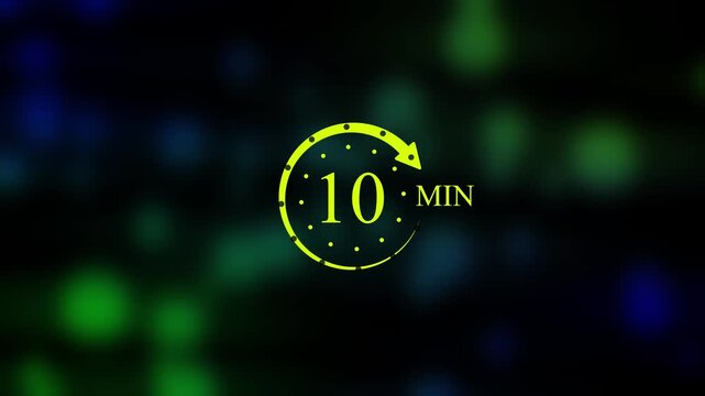10 Min Neon Timer Clock Animation, Circular Progress Bar Countdown with Arrow Loop, Glowing Green Time Interval Indicator on Dark Blurred Bokeh Lights Background Graphic, 4k Video.