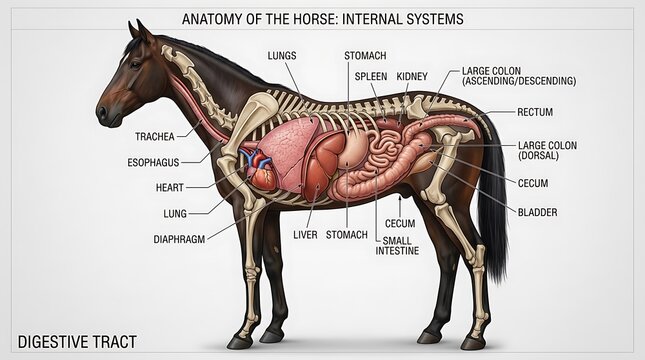 Anatomical diagram of a horse internal systems showing digestive tract organs and skeletal structure side view