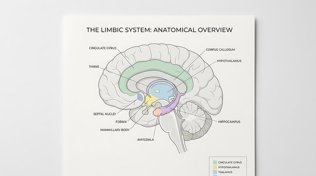 Anatomical overview of the human limbic system showing brain structures and labeled functional regions