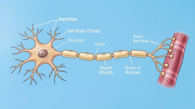 Biological diagram of a neuron showing cell body dendrites axon myelin sheath and axon terminal structure