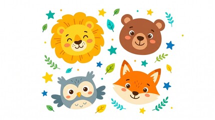 Obraz premium Collection of cute wild animal faces for kids design