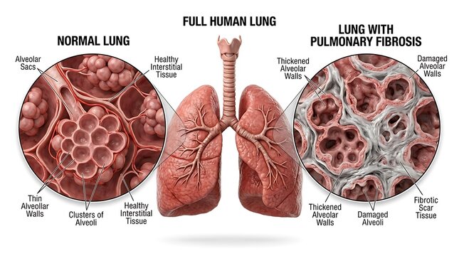 Comparative medical of a healthy human lung and a lung affected by chronic pulmonary fibrosis