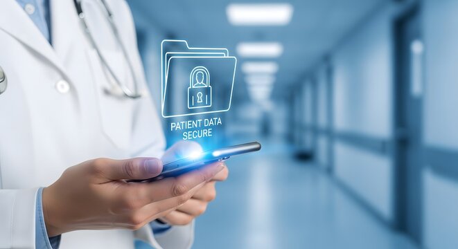 Patient data secure doctor using smartphone with healthcare security icon in hospital