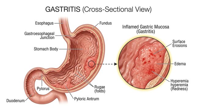 Detailed cross-sectional view of the human stomach illustrating gastritis and inflamed gastric mucosa