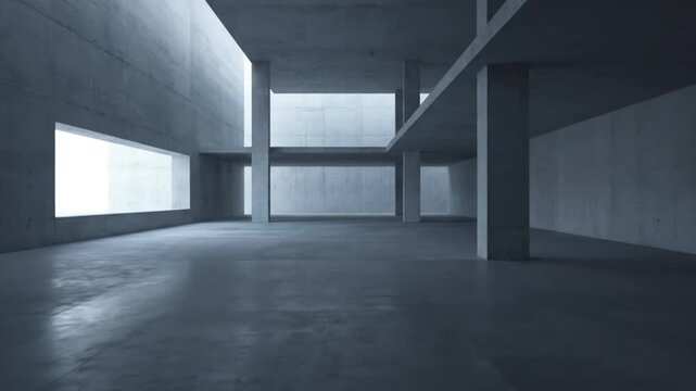 Modern Minimalist Concrete Interior Architecture with Dramatic Lighting.