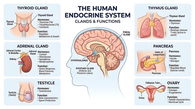 Detailed educational poster of the human endocrine system showing glands, hormones, and their physiological roles