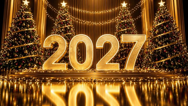 Happy New Year 2027 Golden 3D Illustration with Luxury Fireworks Background