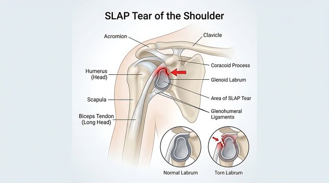 Medical diagram showing slap tear of the shoulder with labeled anatomical structures and injury comparison