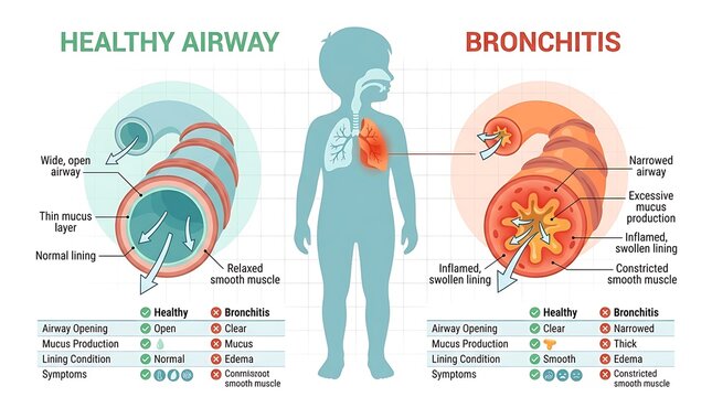 Medical infographic comparing healthy airway versus bronchitis with symptoms and airway anatomy in children