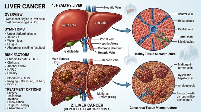 Medical infographic showing healthy liver anatomy versus hepatocellular carcinoma cancerous tissue microstructure