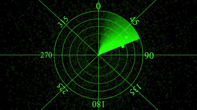 Digital radar screen animation with scanning beam and target blip, green retro military sonar interface