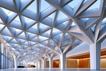 Naklejka premium Modern geometric atrium interior with dramatic ceiling pattern, skylights and open corporate lobby space
