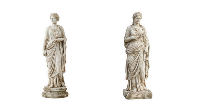 Pair of ancient marble statues depicting draped female figures in classical style isolated on transparent background