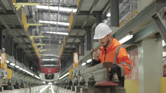 Worker wearing an orange safety vest and white hard hat uses radio to communicate within dark underground train station illuminated by overhead lighting, with electric trains visible on tracks.