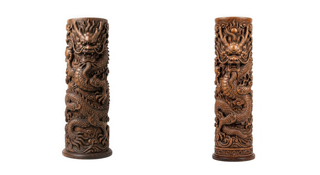 Intricate wooden chess rooks with dragon carvings showcasing traditional craftsmanship isolated on transparent background