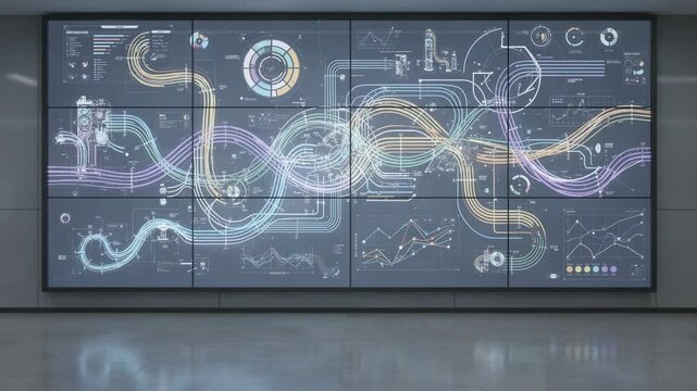 Medium shot of a digital twin monitoring wall with large displays illustrating realtime 3D models of a fertilizer plant in normal operational status. Medium shot of a digital twin