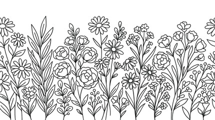 Obraz premium Horizontal seamless border with decorative wildflowers and garden flowers in sketch style isolated on transparent digital backdrop.