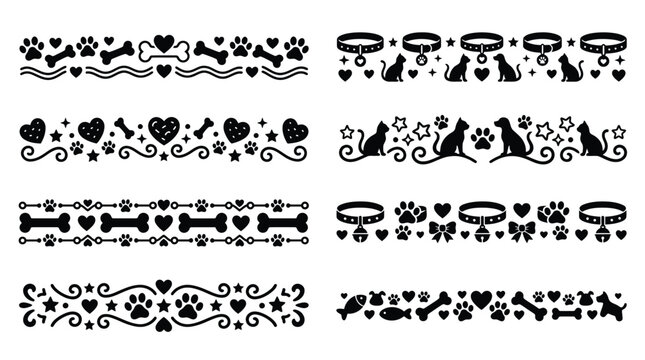 Set of decorative pet dividers including cat dog silhouettes paw prints and bone elements for animal themed graphic design projects.