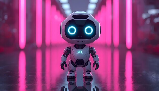 Cute white chibi robot with glowing blue neon eyes standing in a futuristic cyberpunk corridor with pink led lights digital 3d illustration of a small artificial intelligence character cyborg