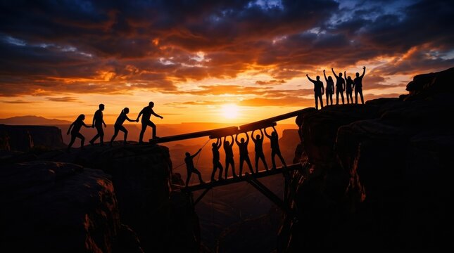 Bridge Builders: A silhouette of a team building a makeshift bridge over a canyon at sunset, symbolizing cooperation and overcoming obstacles to reach a common goal.