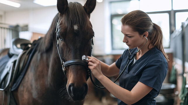 Veterinarian examining a horse during a health check, providing professional equine care, medical assessment, preventive treatment, animal wellbeing and veterinary healthcare services