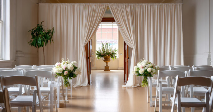 Elegant indoor wedding ceremony setup with white chairs, floral arrangements, and draped curtains framing an aisle leading to a decorative urn with flowers