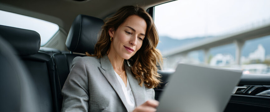 Professional woman working on laptop inside car with cityscape and bridge in background during daytime commute