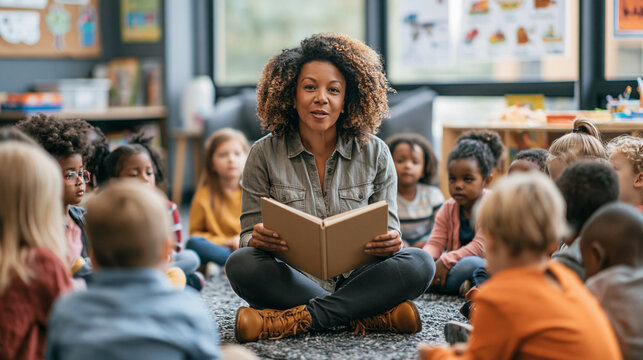 Preschool teacher reading a storybook to children in a classroom, promoting early childhood education, learning, literacy development, student engagement and positive classroom interaction