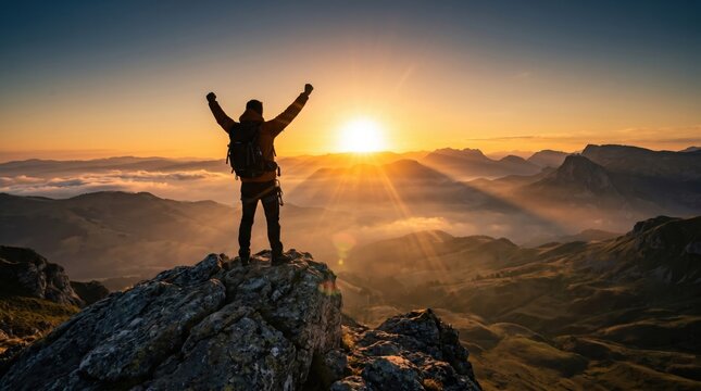 Summit Serenity: A solitary figure stands triumphantly atop a rugged mountain peak, arms outstretched to embrace the breathtaking panorama of a radiant sunrise painting the sky with golden hues.